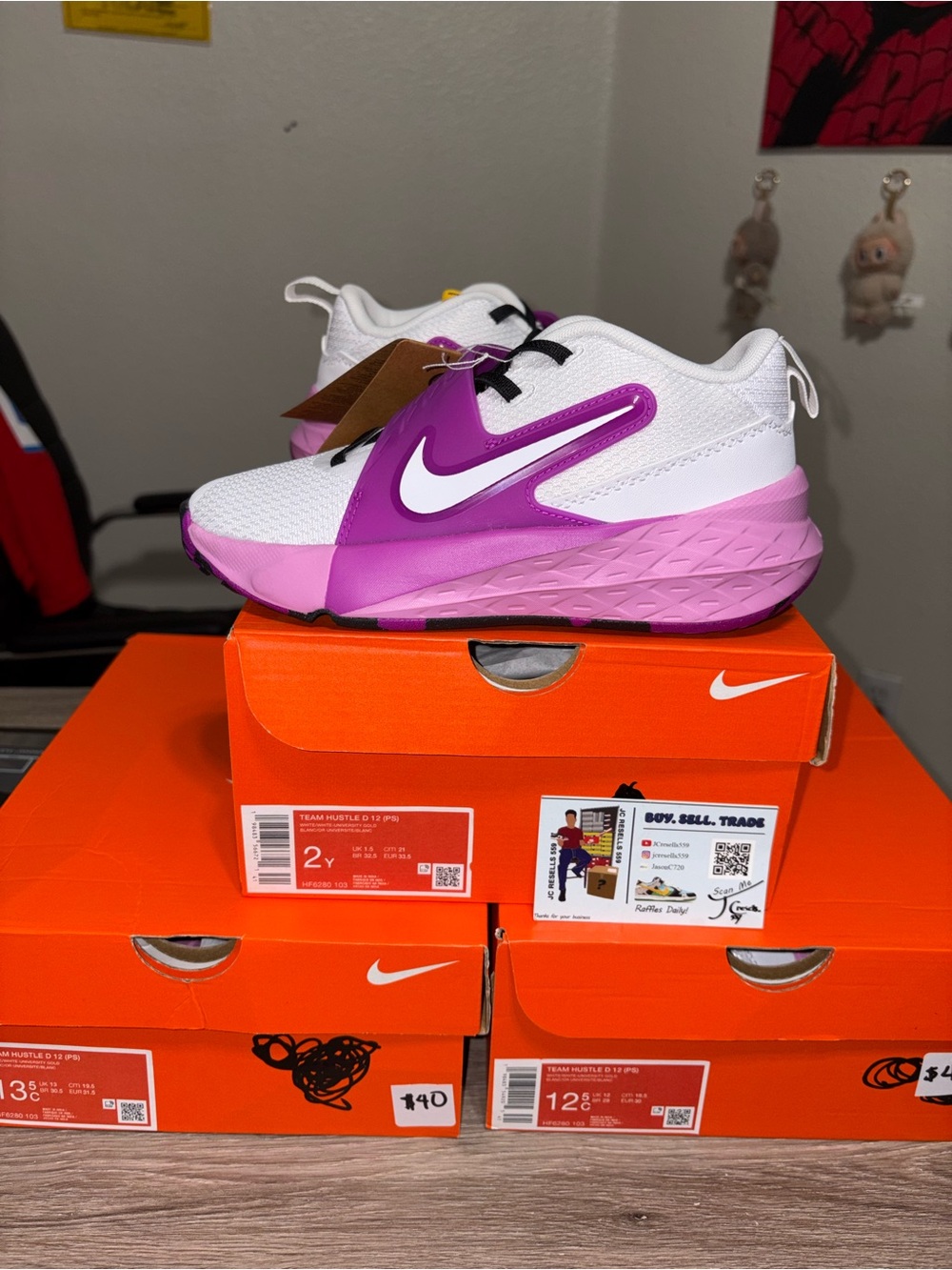 Size 13.5C (PS) - Nike Kids Team Hustle D 12 White Vivid Purple Basketball Shoes